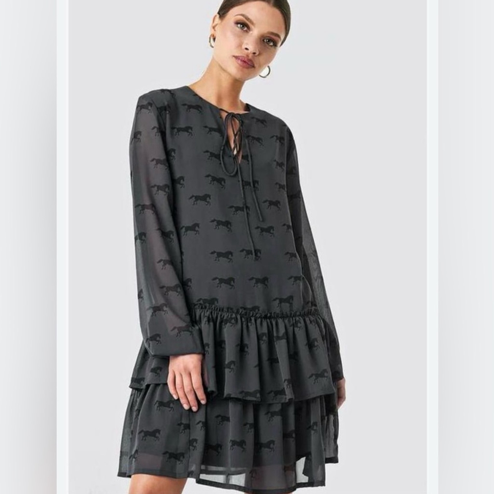 NA KD Black Horse Print Chiffon Dress Size 40 8-10 Oversized Ruffle Hem